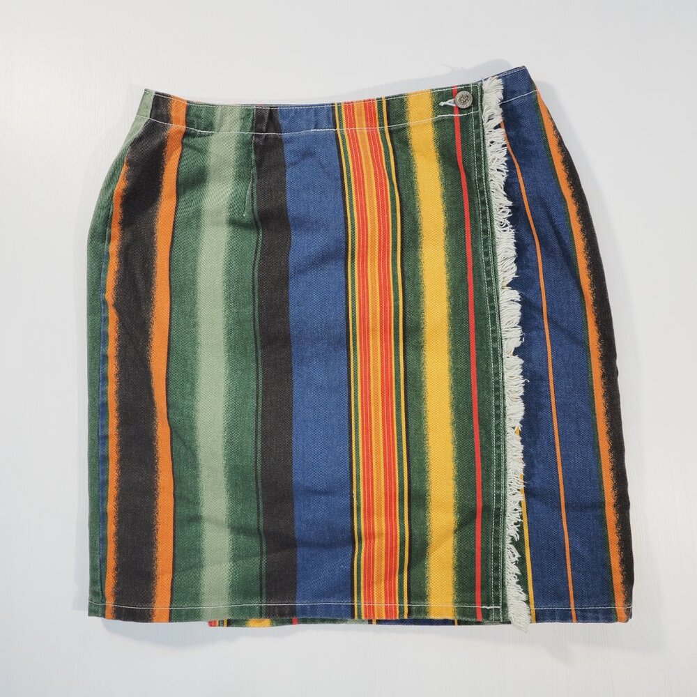 Vintage Gitano Skirt Women 11 12 Green Blue Stripe Wrap Raw Edge Hippie Retro - Picture 10 of 10